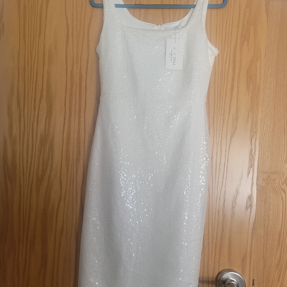 In The Style Exclusive sequin square neck midi dress in winter white